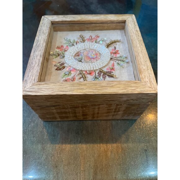 Handcrafted Wooden Jewelry Box With Beaded Floral Embroidery & Glass Top Display - Picture 5 of 6